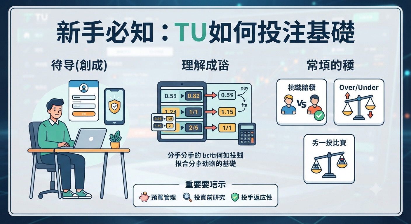 這張圖片的標題為「新手必知:TU如何投注基礎」,以簡潔明瞭的方式呈現了投注的基本概念與流程。 畫面包含帳戶創建、理解賠率、投注類型及重要提醒,適合初學者快速掌握投注核心知識。