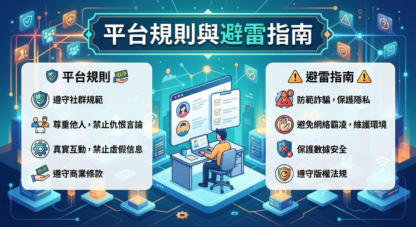 這張圖片以科技感藍色調為背景,中央顯示主題標題「平台規則與避雷指南」。 畫面透過清晰的圖示與文字,將平台的使用規範與安全防護建議分為左右兩欄呈現。